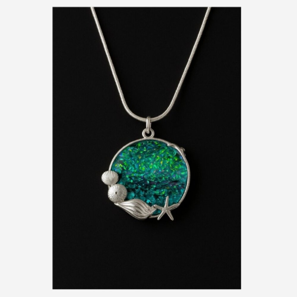 Resin Necklace Blue /Green Metal Seashell Deco Handmade 18" Silver Chain